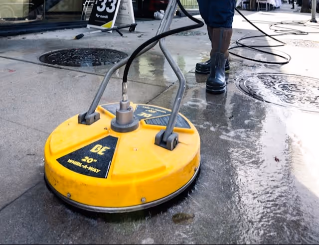 Yellow surface cleaner attachment being used to pressure wash a concrete sidewalk.